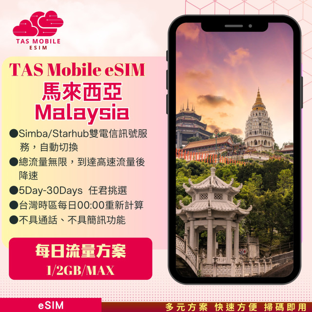 TAS eSIM【馬來西亞eSIM】Simba/Starhub雙電信 4G 5G | 每日高速總量無限 | 馬來西亞皆適用