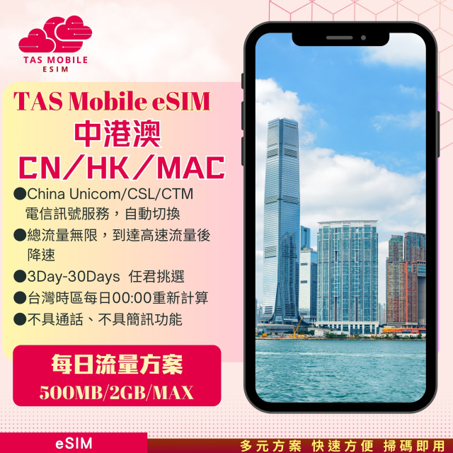 【中港澳eSIM】China Unicom/CSL/CTM電信「每日高速」4G上網方案 總量無限