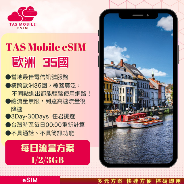 TAS eSIM【歐洲eSIM】4G 5G | 35國高速流量 | 免換卡掃碼即開 | 自動連接當地最佳網路