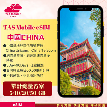 TAS eSIM【中國eSIM】China Unicom 4G 5G | 固定流量總量無限 | 免翻牆即時開通 
