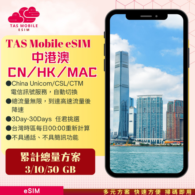 【中港澳eSIM】China Unicom/CSL/CTM電信「累計流量」4G上網方案 總量無限