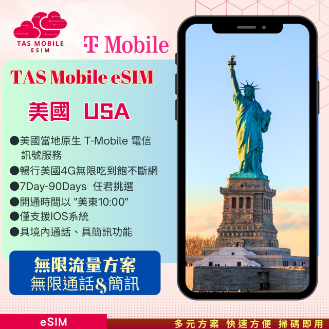 【美國eSIM】T-mobile電信原生訊號 無限吃到飽+無限通話 (需告知抵達之美國日期)