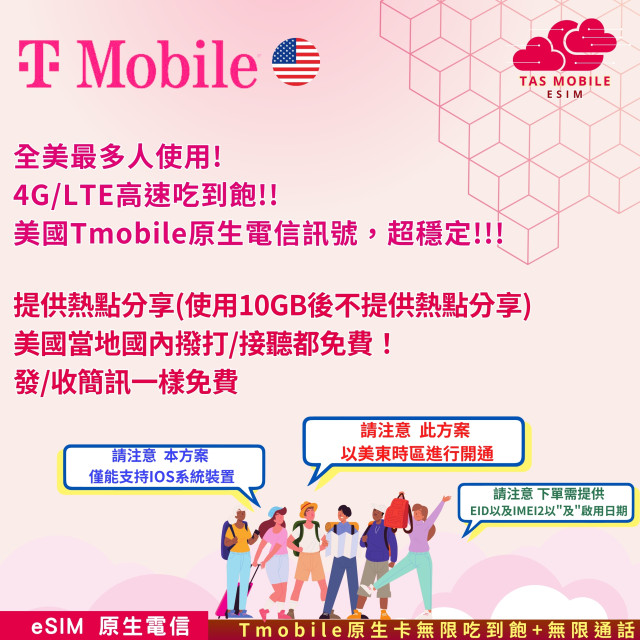 【美國eSIM】T-mobile電信原生訊號 無限吃到飽+無限通話 (需告知抵達之美國日期)