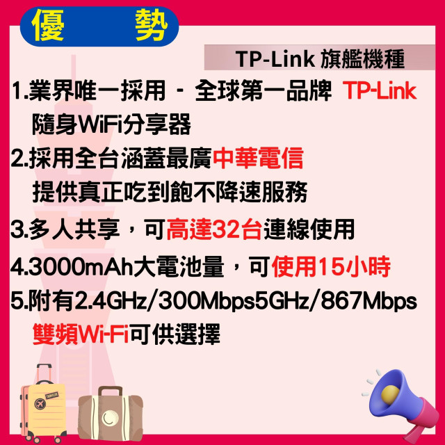【台灣WiFi】中華電信4G高速上網吃到飽｜TP-Link旗艦機種 - 24天方案