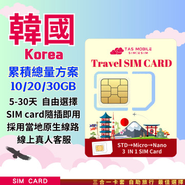 TAS SIM【韓國上網SIM卡】SK Telecom 4G/5G | 固定流量方案 | 即插即用 | 首爾釜山皆適用