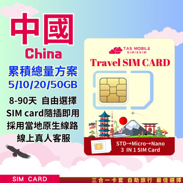 TAS SIM【中國上網SIM卡】China Unicom 4G/5G | 固定流量方案 | 高速穩定 | 免設定翻牆