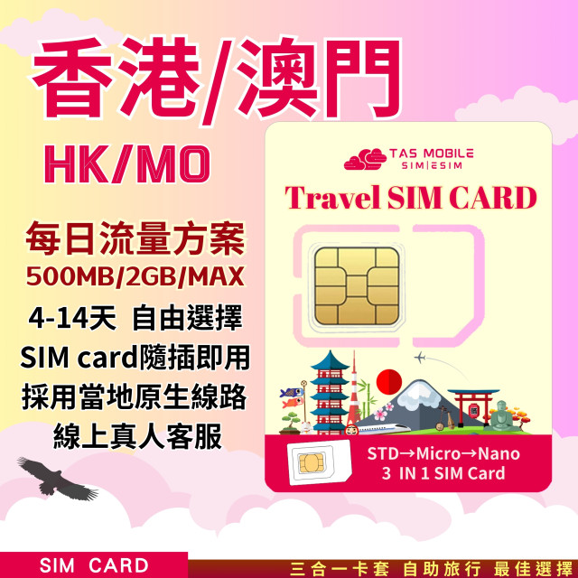 【港澳Travel SIM Card】China Unicom/3HK/CTM/3MC電信「每日高速」4G/5G上網方案 總量無限