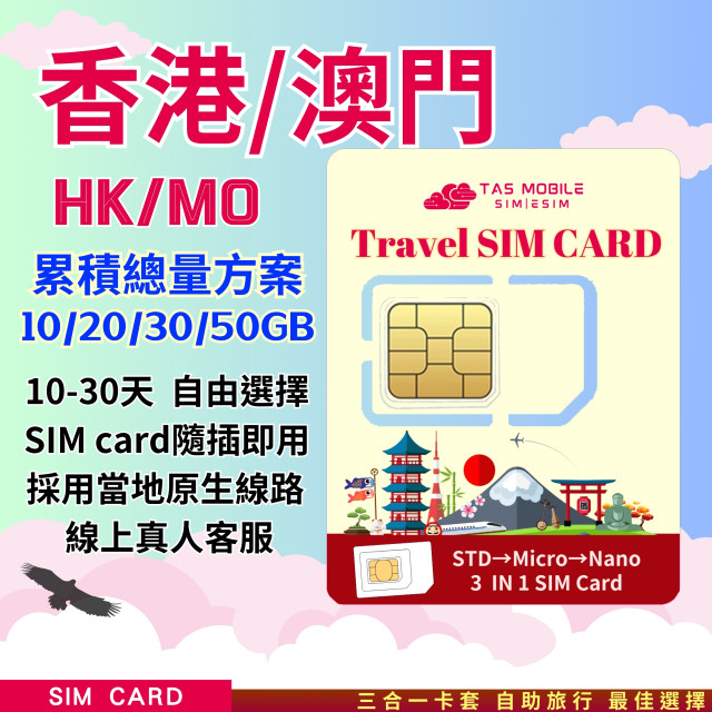 【港澳Travel SIM Card】China Unicom/3HK/CTM/3MC電信「累計流量」4G/5G上網方案 總量無限