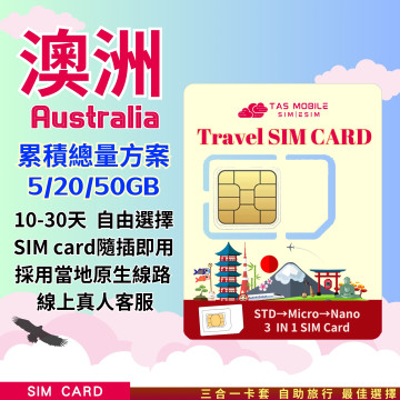 TAS SIM【澳大利亞上網SIM卡】OPTUS 4G/5G | 固定流量 | 免實名隨插即用 | 抵達即上網
