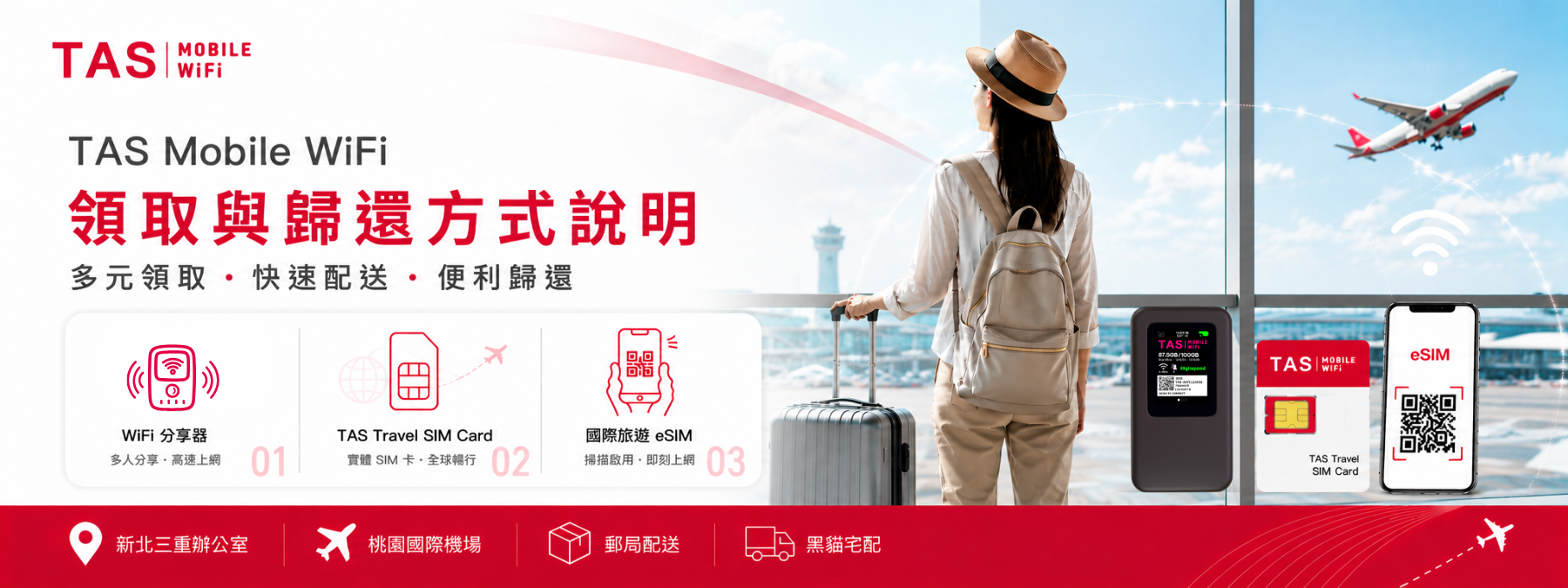 TAS Mobile WiFi 領取與歸還方式說明,提供國內WiFi分享器、國外WiFi分享器、TAS Travel SIM Card與國際旅遊eSIM多元領取及歸還服務